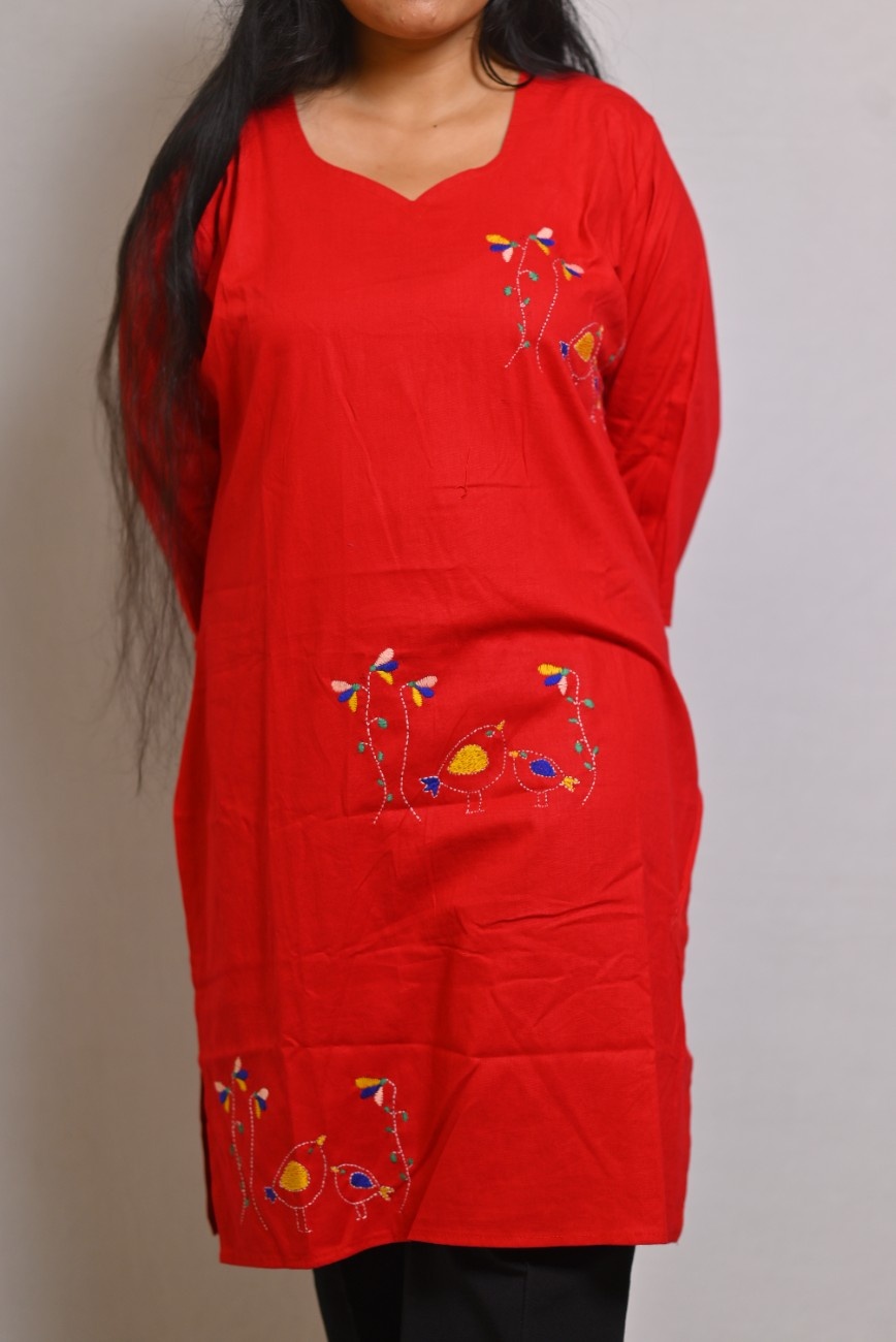 Women's Red Kantha Stitch Hand Embroidered Cotton Kurti