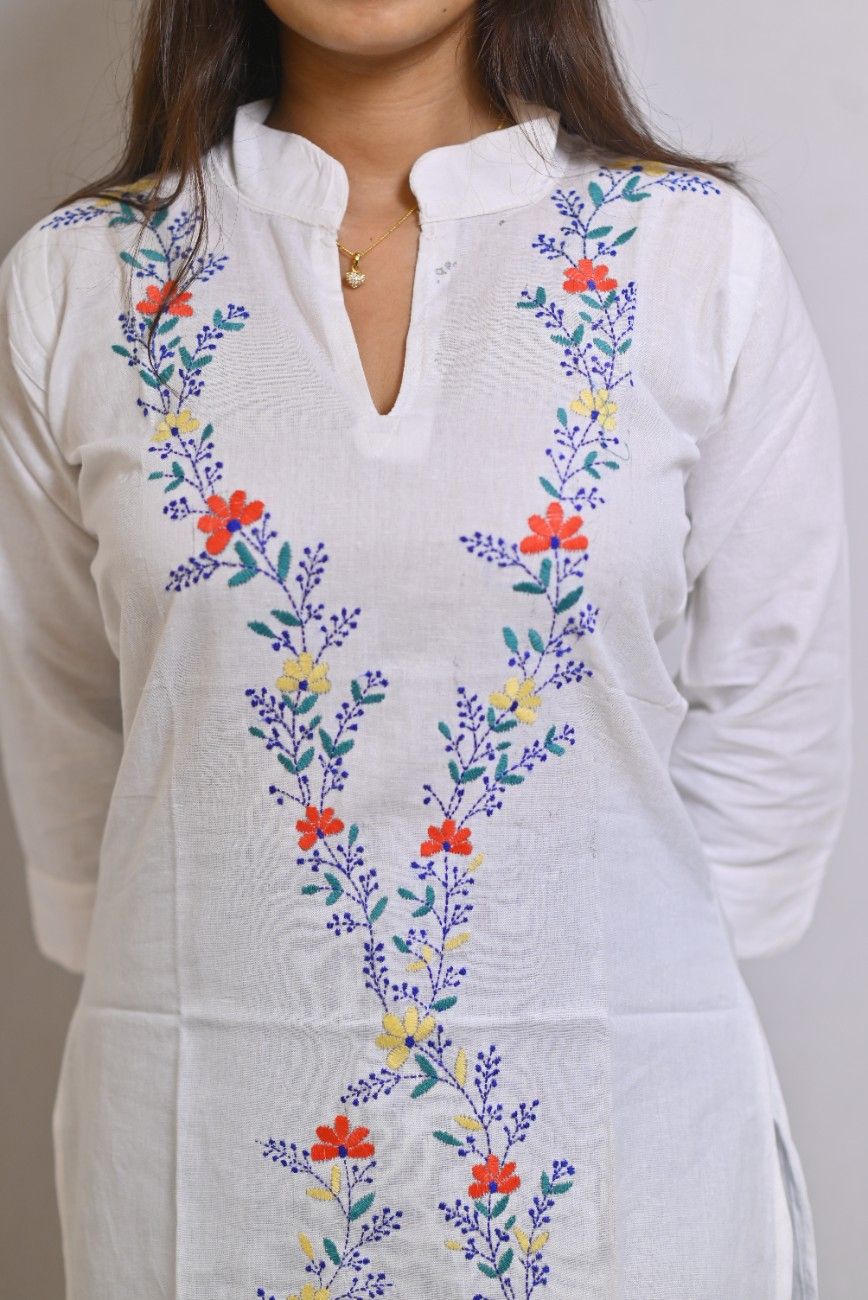 White Kantha Stitch Cotton Kurti
