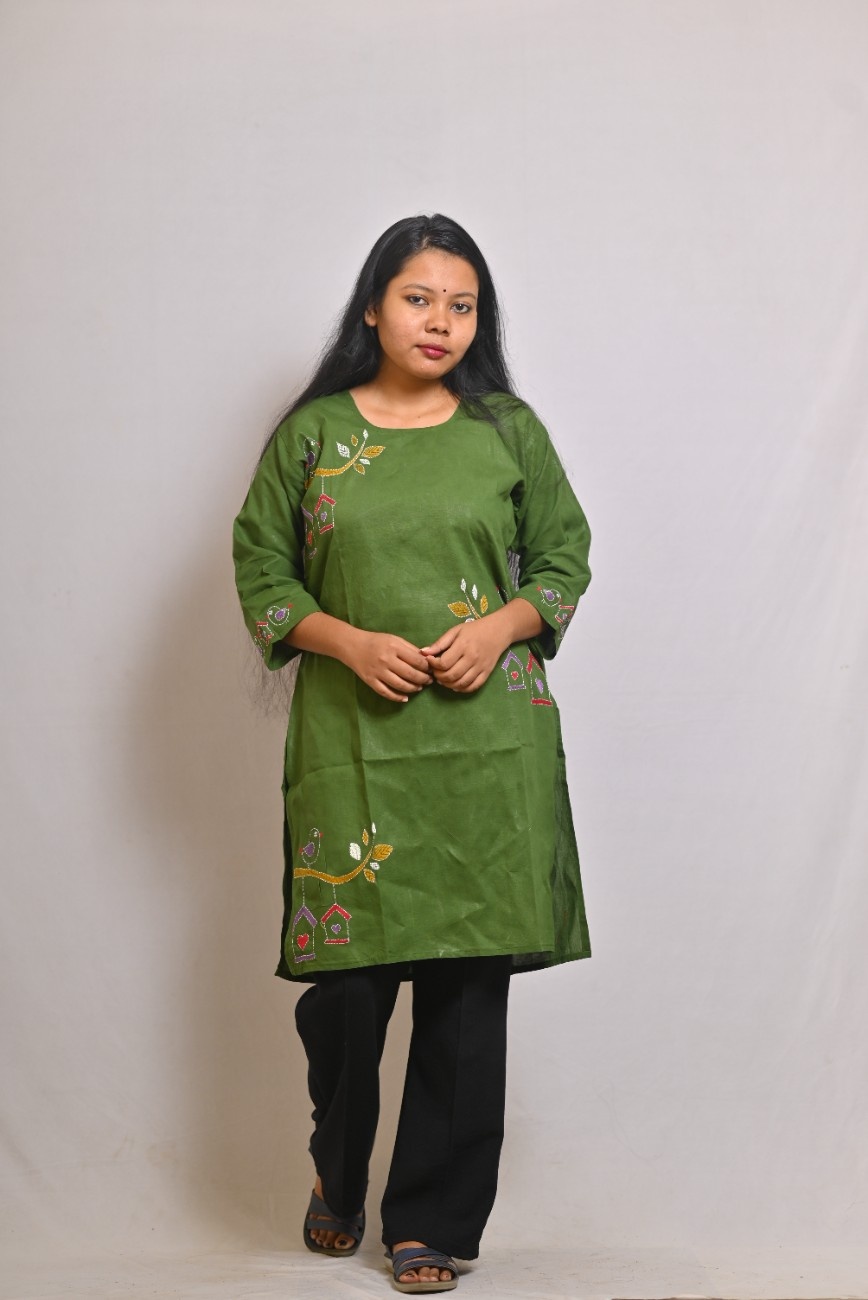Dark green embroidered cotton kurti