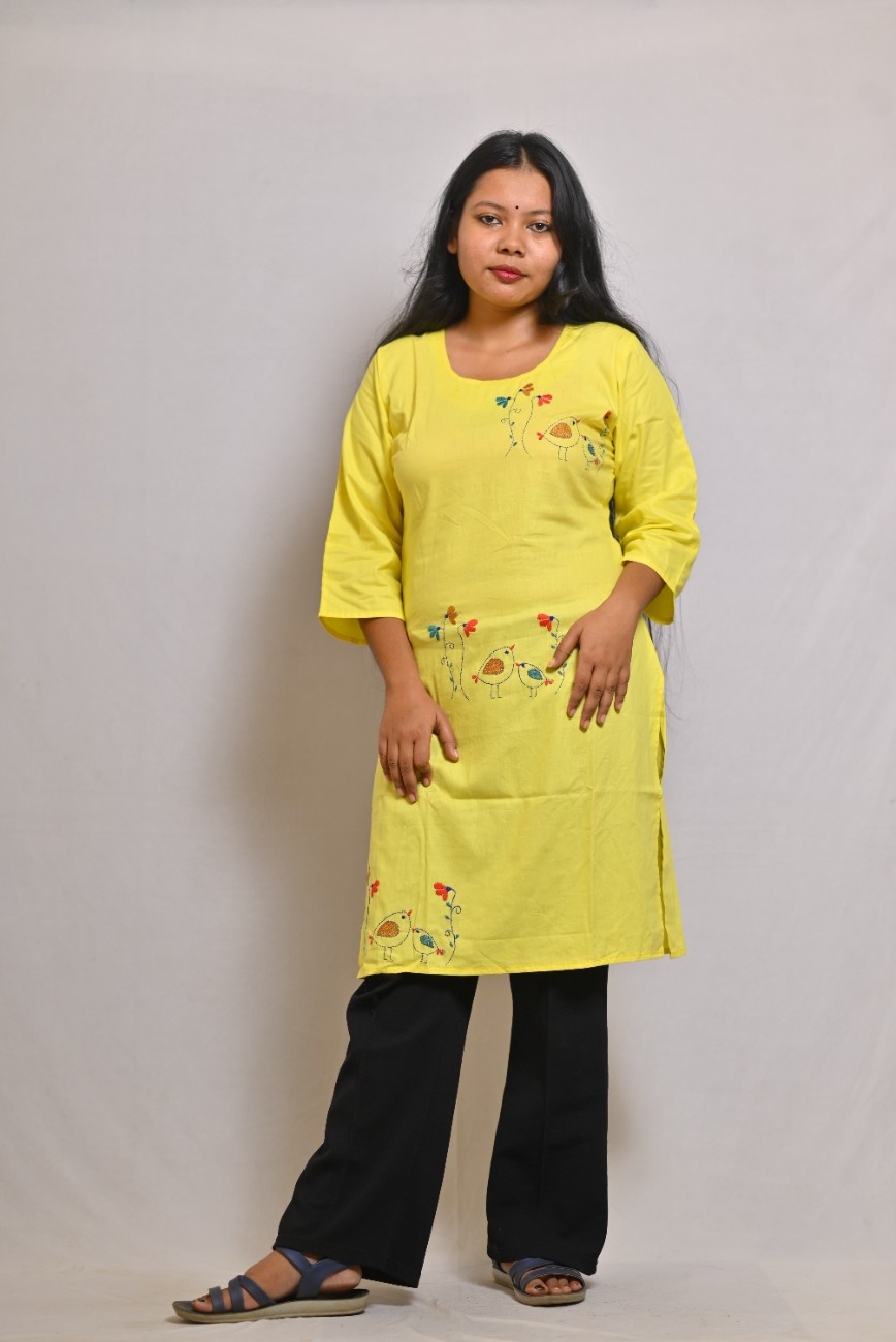 Yellow kantha embroidered kurti