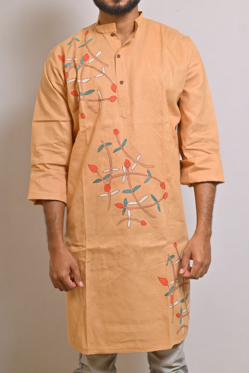 Cream Kantha embroidered punjabi