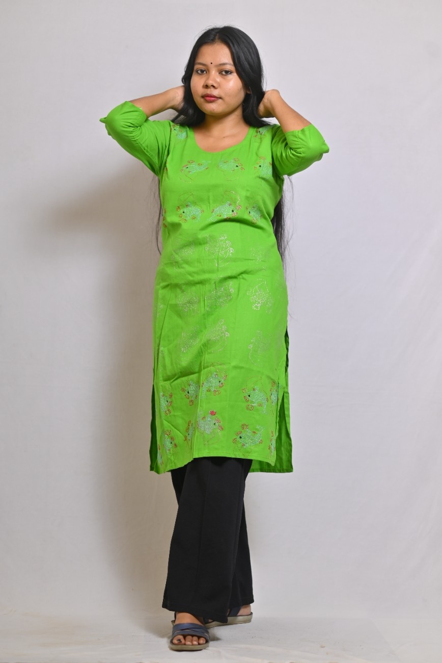 Parrot Green embroidered cotton kurti